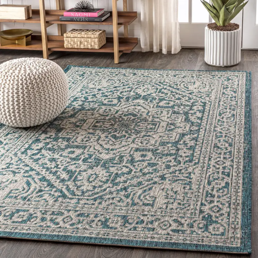 Teal Blue And Gray Medallion Indoor Outdoor Area Rug Photo 6