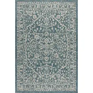 Photo of Teal Blue And Gray Medallion Indoor Outdoor Area Rug