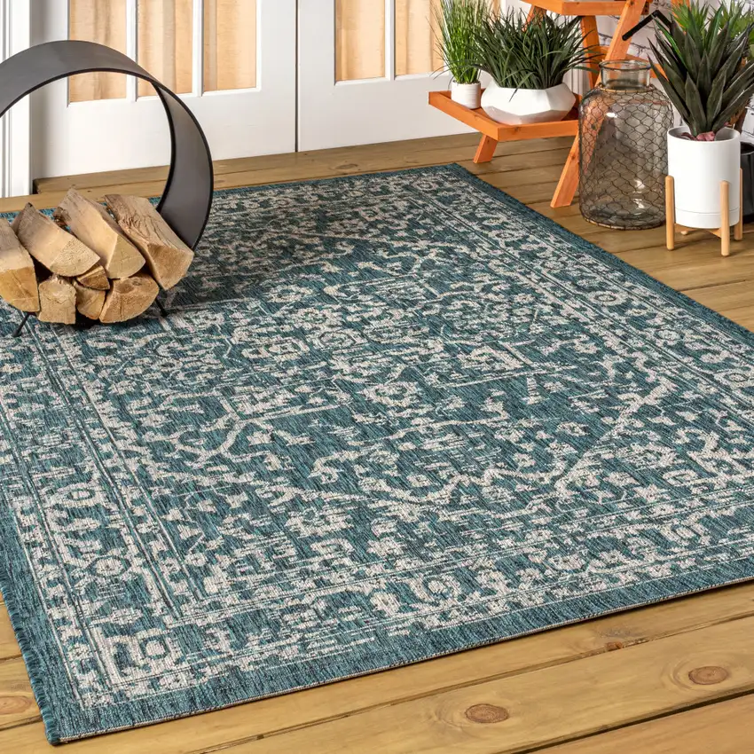 Teal Blue And Gray Medallion Indoor Outdoor Area Rug Photo 5