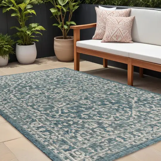 Teal Blue And Gray Medallion Indoor Outdoor Area Rug Photo 1