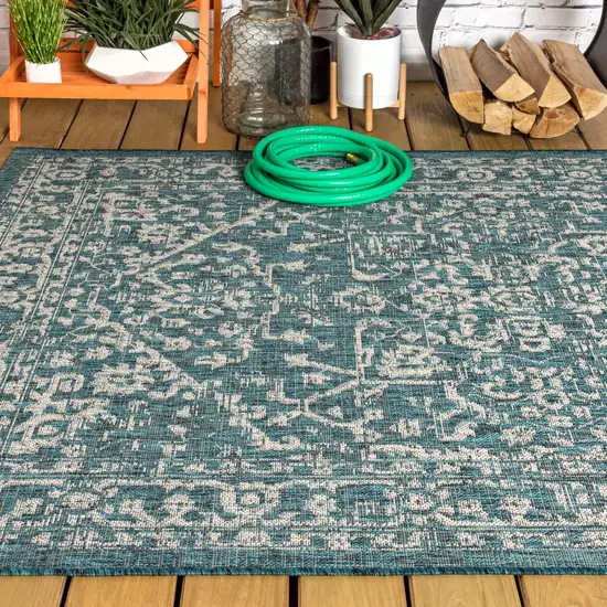 Teal Blue And Gray Medallion Indoor Outdoor Area Rug Photo 7