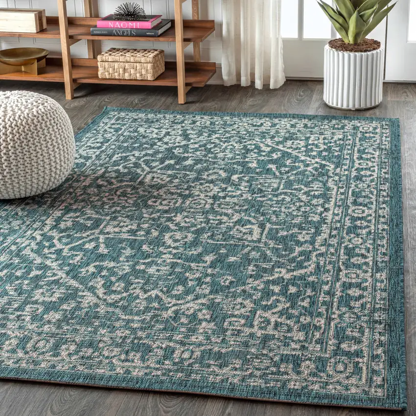 Teal Blue And Gray Medallion Indoor Outdoor Area Rug Photo 6