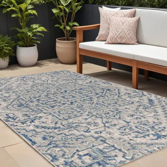 Teal Blue And Gray Medallion Indoor Outdoor Area Rug Photo 1