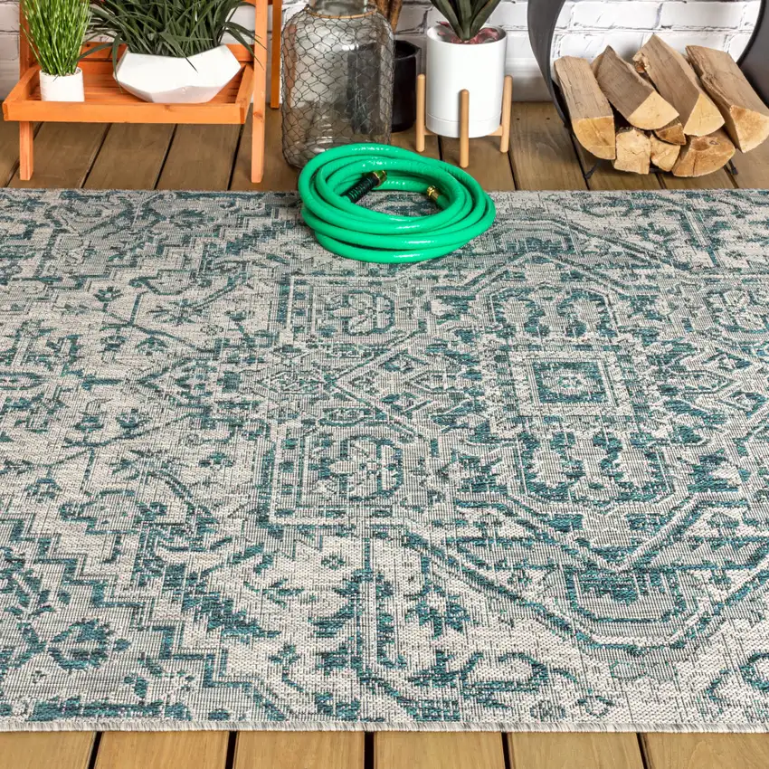 Teal Blue And Gray Medallion Indoor Outdoor Area Rug Photo 7