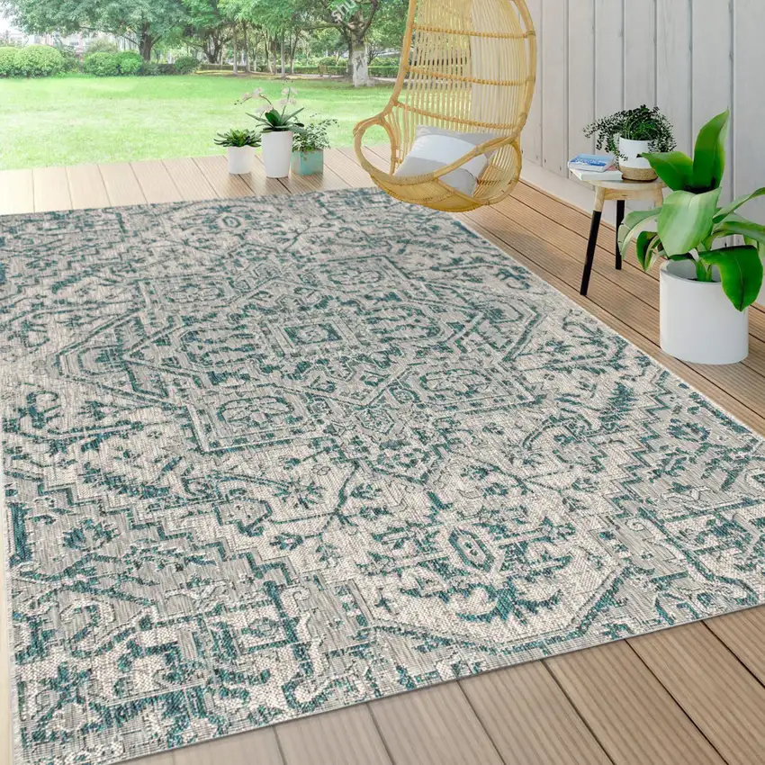 Teal Blue And Gray Medallion Indoor Outdoor Area Rug Photo 8