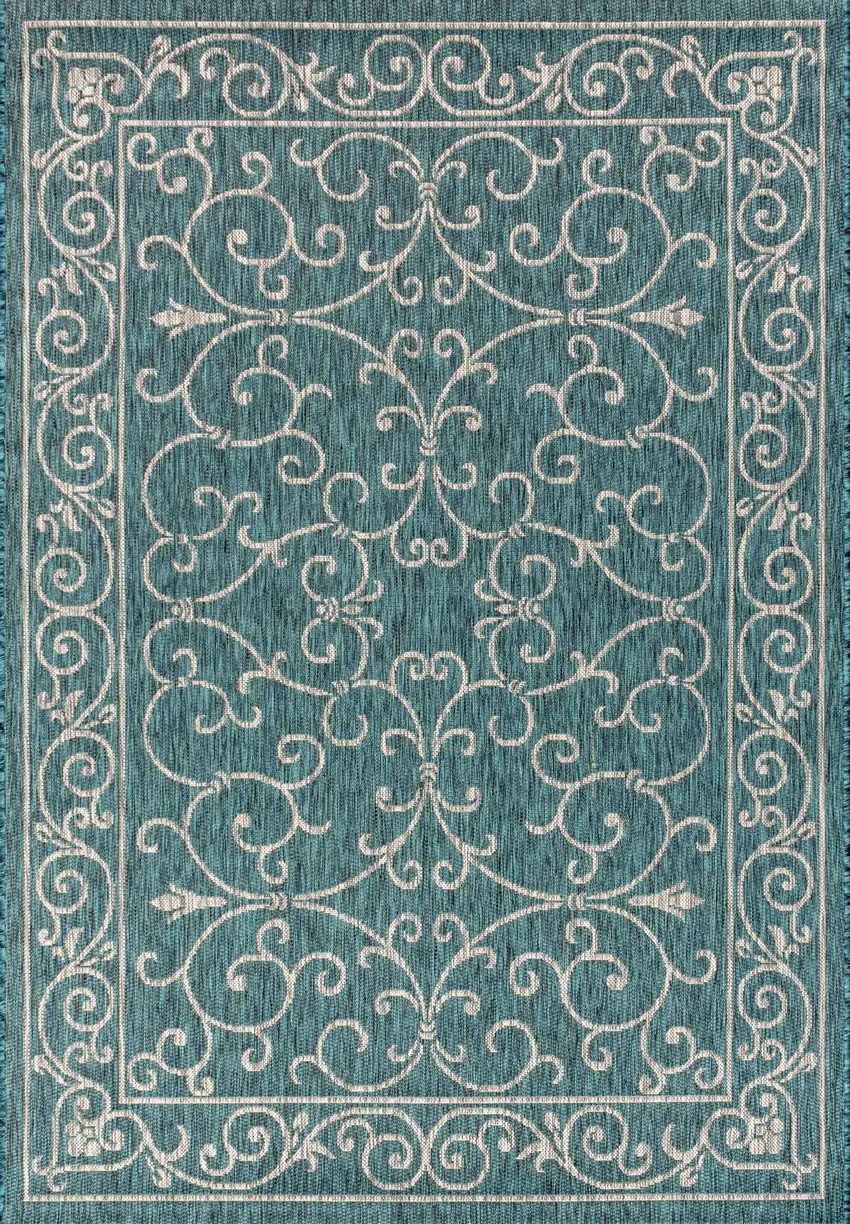 Teal Blue And Gray Medallion Indoor Outdoor Area Rug Photo 1