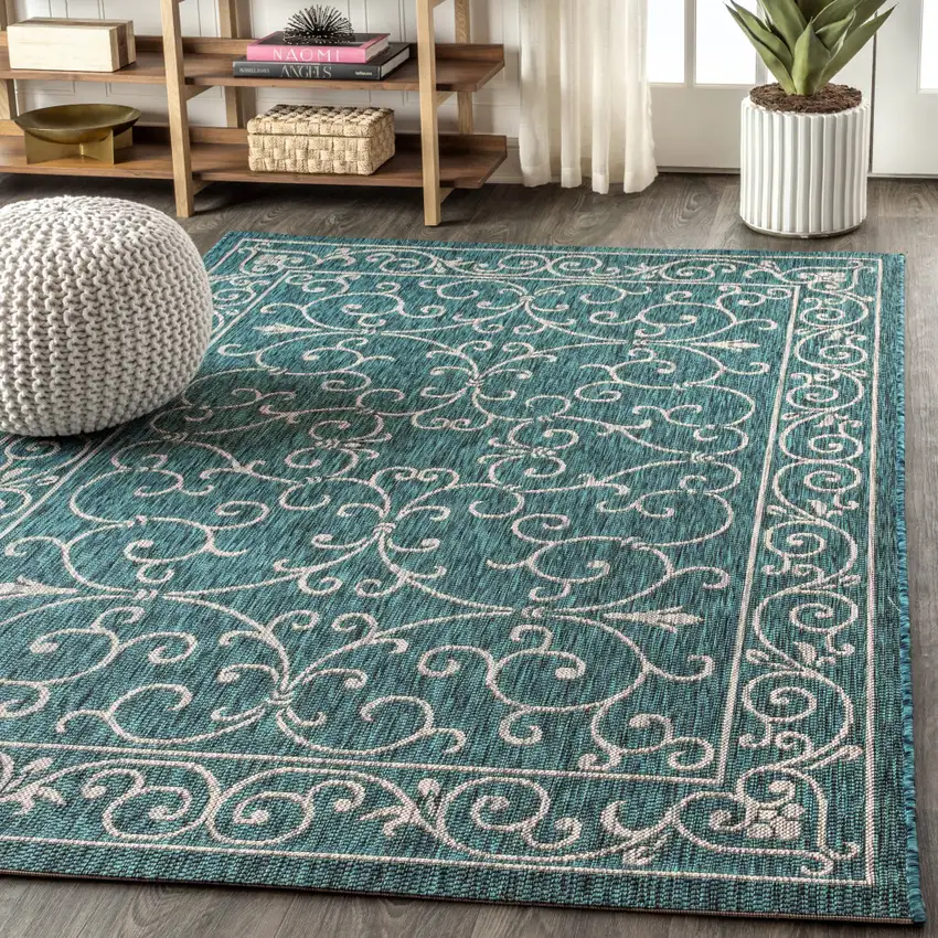 Teal Blue And Gray Medallion Indoor Outdoor Area Rug Photo 6