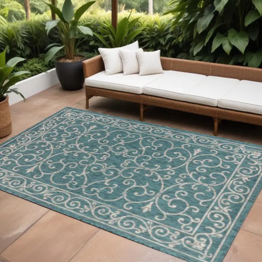 Teal Blue And Gray Medallion Indoor Outdoor Area Rug Photo 1