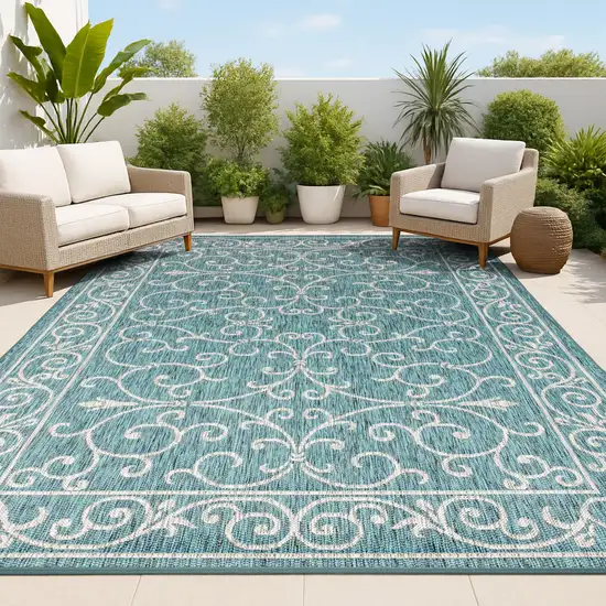 Teal Blue And Gray Medallion Indoor Outdoor Area Rug Photo 4