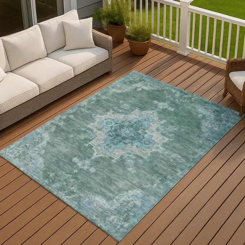 Teal Blue And Gray Medallion Washable Indoor Outdoor Area Rug Photo 9