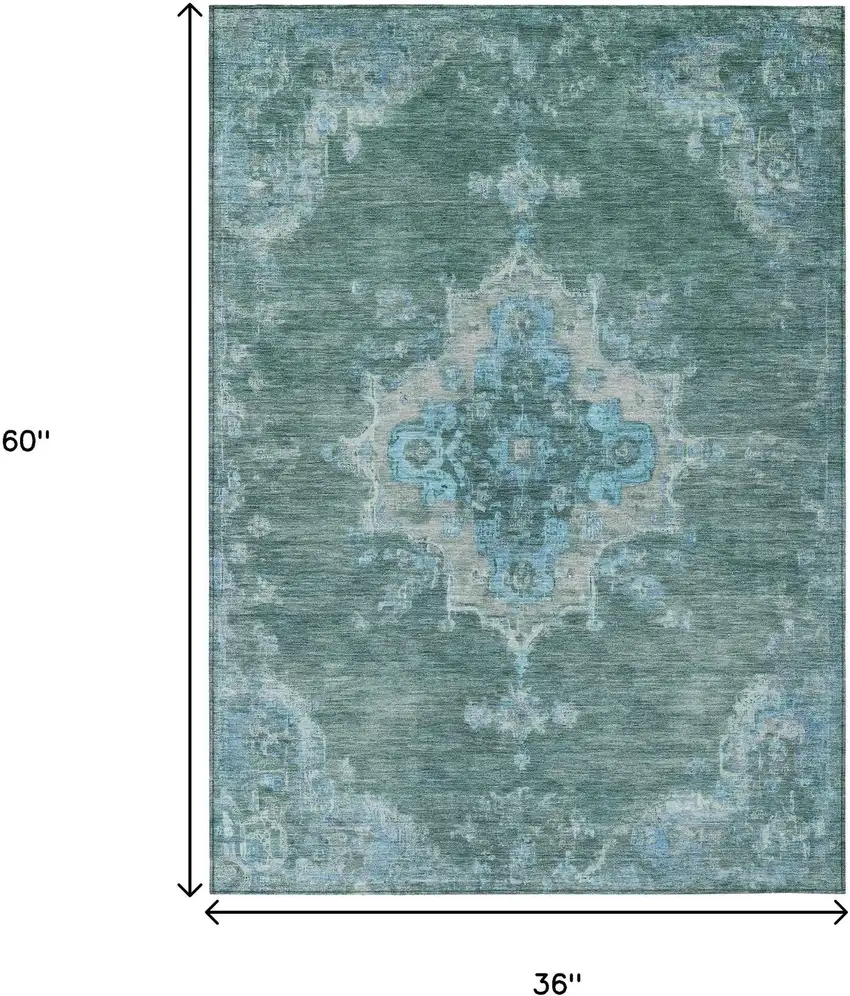 Teal Blue And Gray Medallion Washable Indoor Outdoor Area Rug Photo 3