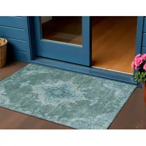Photo of Teal Blue And Gray Medallion Washable Indoor Outdoor Area Rug
