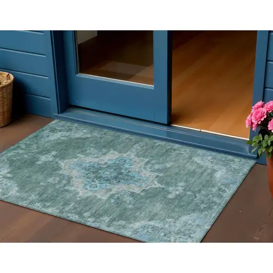 Teal Blue And Gray Medallion Washable Indoor Outdoor Area Rug Photo 1