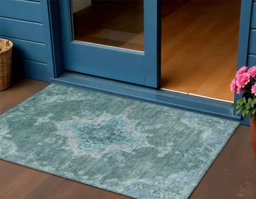 Teal Blue And Gray Medallion Washable Indoor Outdoor Area Rug Photo 1