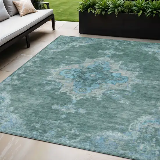 Teal Blue And Gray Medallion Washable Indoor Outdoor Area Rug Photo 1