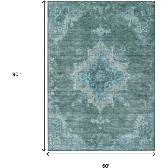 Teal Blue And Gray Medallion Washable Indoor Outdoor Area Rug Photo 3