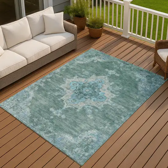 Teal Blue And Gray Medallion Washable Indoor Outdoor Area Rug Photo 9