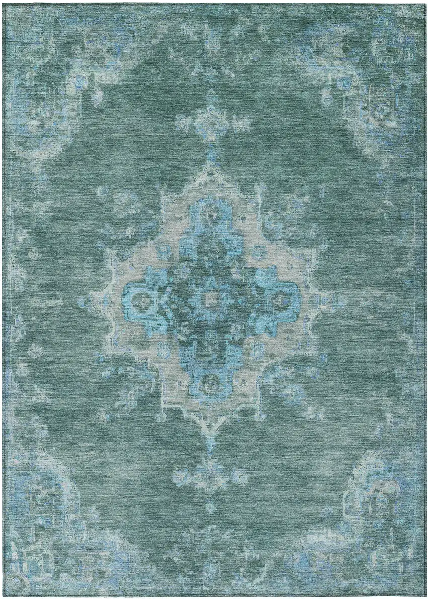 Teal Blue And Gray Medallion Washable Indoor Outdoor Area Rug Photo 2