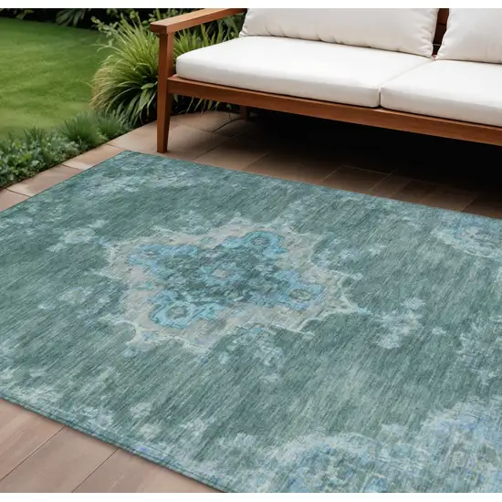 Teal Blue And Gray Medallion Washable Indoor Outdoor Area Rug Photo 1
