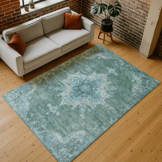 Teal Blue And Gray Medallion Washable Indoor Outdoor Area Rug Photo 9