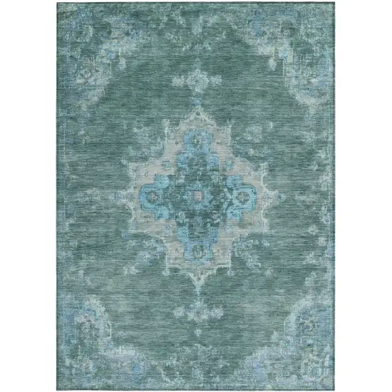 Teal Blue And Gray Medallion Washable Indoor Outdoor Area Rug Photo 4