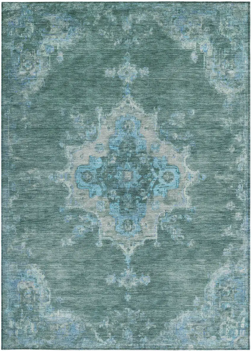 Teal Blue And Gray Medallion Washable Indoor Outdoor Area Rug Photo 4