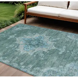 Photo of Teal Blue And Gray Medallion Washable Indoor Outdoor Area Rug