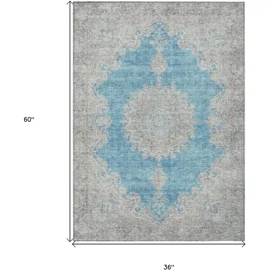 Teal Blue And Gray Oriental Washable Indoor Outdoor Area Rug Photo 3