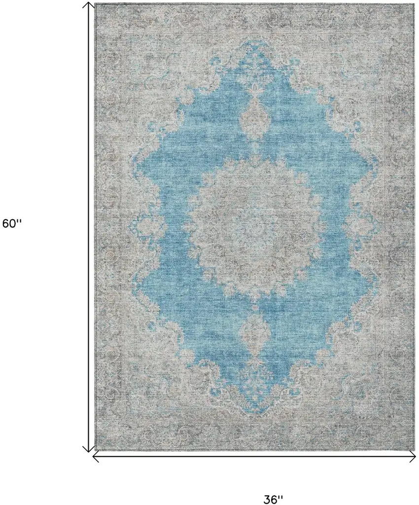 Teal Blue And Gray Oriental Washable Indoor Outdoor Area Rug Photo 3