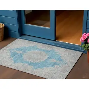 Photo of Teal Blue And Gray Oriental Washable Indoor Outdoor Area Rug