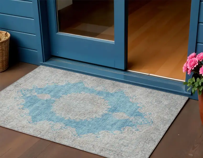 Teal Blue And Gray Oriental Washable Indoor Outdoor Area Rug Photo 1