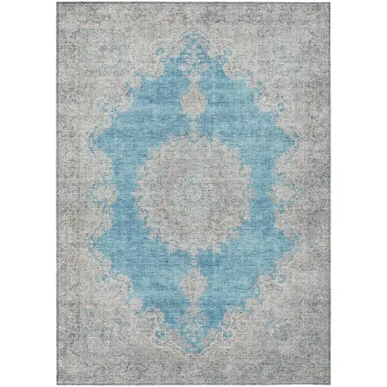 Teal Blue And Gray Oriental Washable Indoor Outdoor Area Rug Photo 2