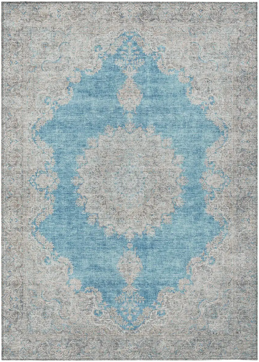 Teal Blue And Gray Oriental Washable Indoor Outdoor Area Rug Photo 2