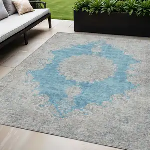 Photo of Teal Blue And Gray Oriental Washable Indoor Outdoor Area Rug