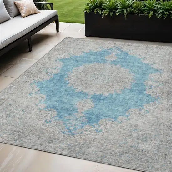 Teal Blue And Gray Oriental Washable Indoor Outdoor Area Rug Photo 1