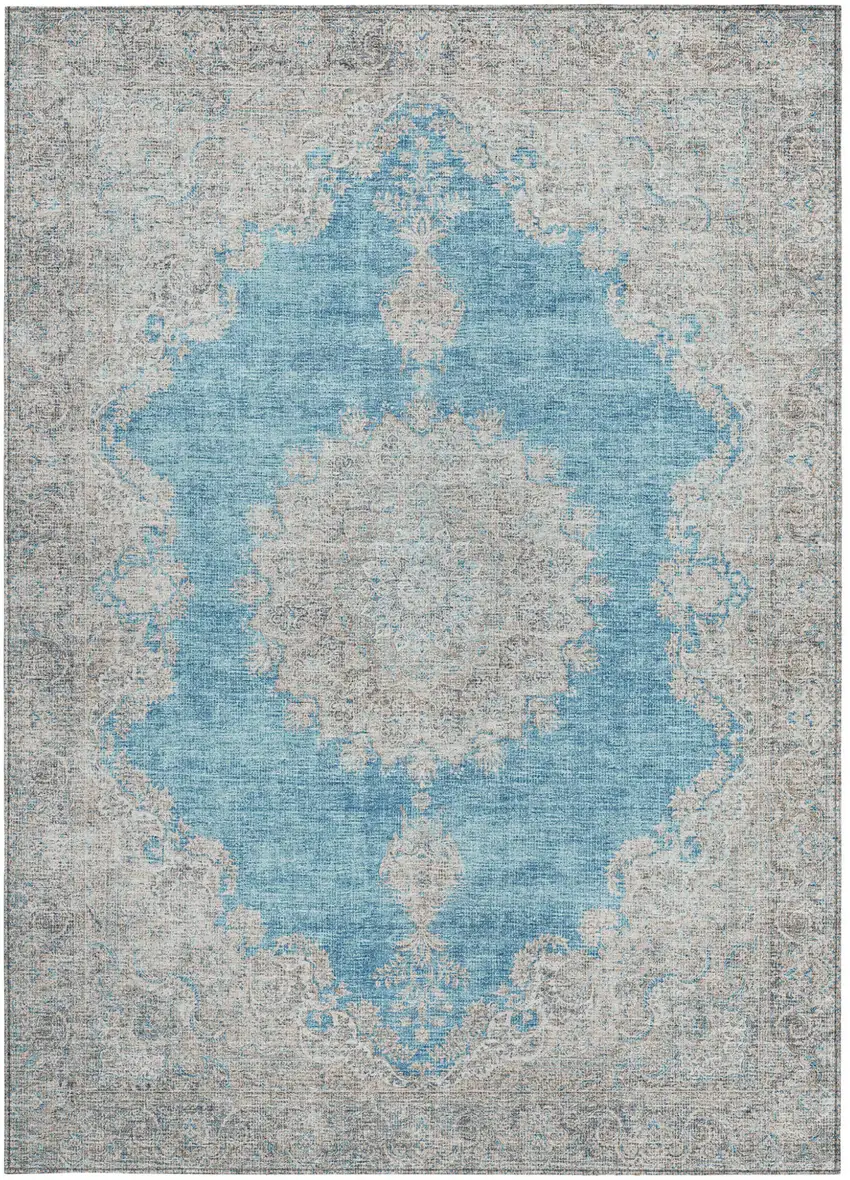 Teal Blue And Gray Oriental Washable Indoor Outdoor Area Rug Photo 6
