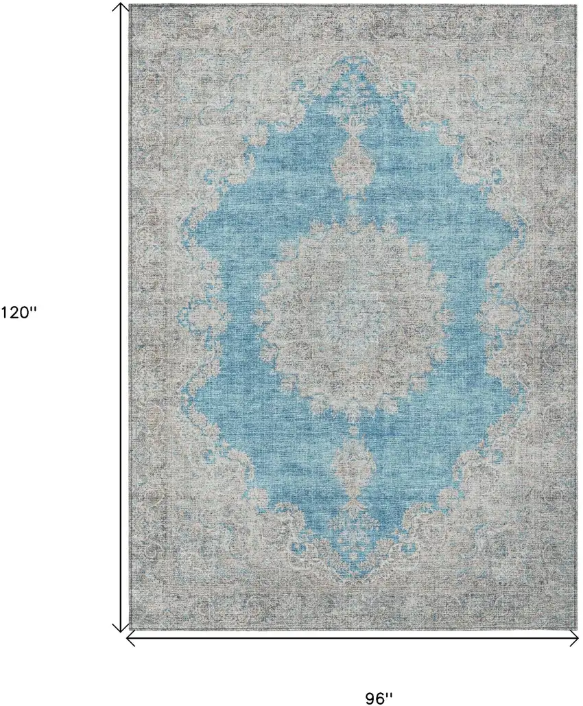 Teal Blue And Gray Oriental Washable Indoor Outdoor Area Rug Photo 3