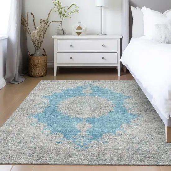 Teal Blue And Gray Oriental Washable Indoor Outdoor Area Rug Photo 9