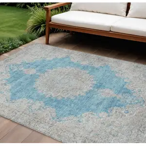Photo of Teal Blue And Gray Oriental Washable Indoor Outdoor Area Rug
