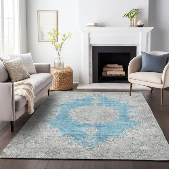 Teal Blue And Gray Oriental Washable Indoor Outdoor Area Rug Photo 8
