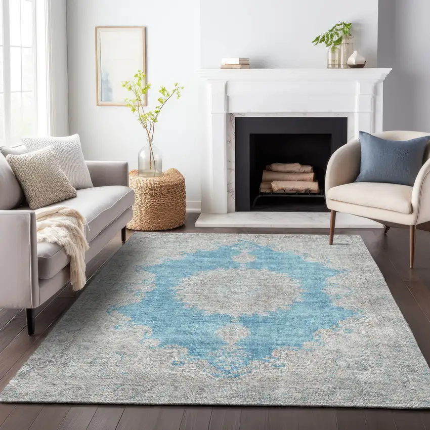 Teal Blue And Gray Oriental Washable Indoor Outdoor Area Rug Photo 8