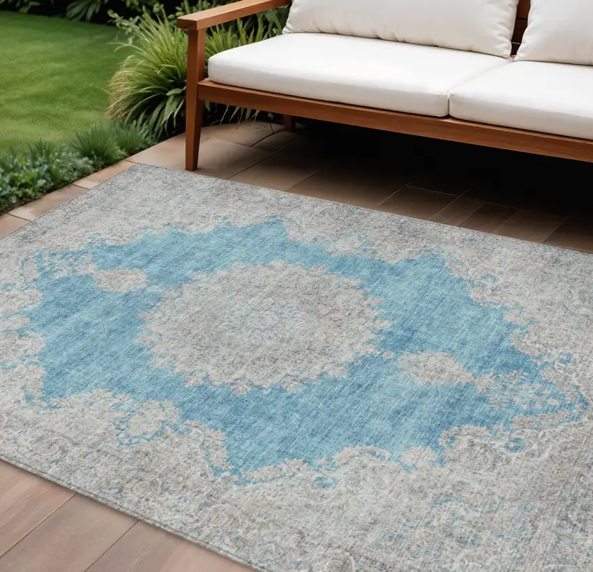 Teal Blue And Gray Oriental Washable Indoor Outdoor Area Rug Photo 1