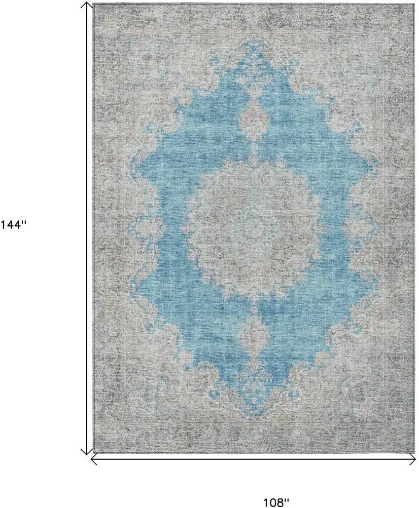Teal Blue And Gray Oriental Washable Indoor Outdoor Area Rug Photo 3