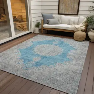Photo of Teal Blue And Gray Oriental Washable Indoor Outdoor Area Rug