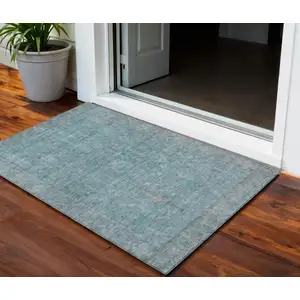Photo of Teal Blue And Gray Oriental Washable Indoor Outdoor Area Rug