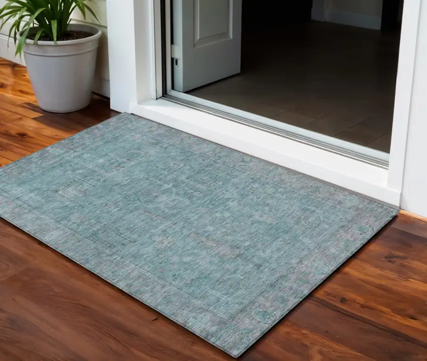 Teal Blue And Gray Oriental Washable Indoor Outdoor Area Rug Photo 1