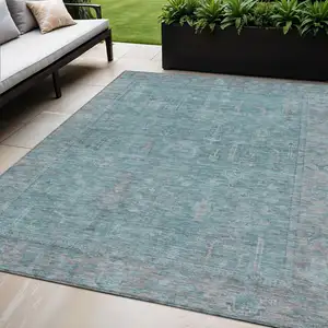 Photo of Teal Blue And Gray Oriental Washable Indoor Outdoor Area Rug