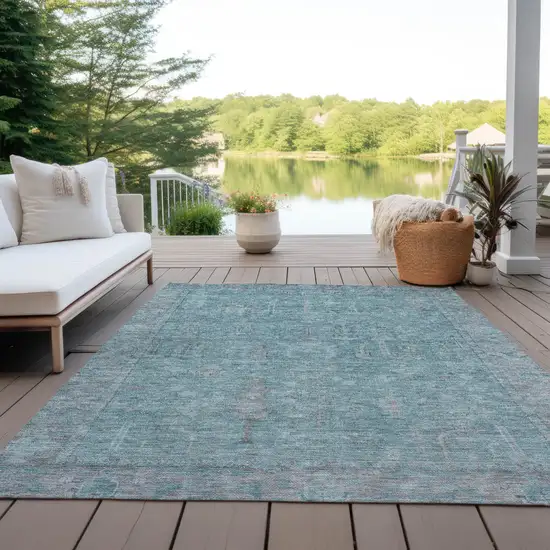 Teal Blue And Gray Oriental Washable Indoor Outdoor Area Rug Photo 7