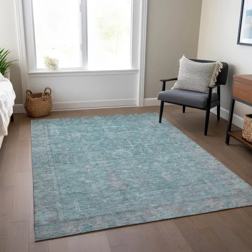 Teal Blue And Gray Oriental Washable Indoor Outdoor Area Rug Photo 9