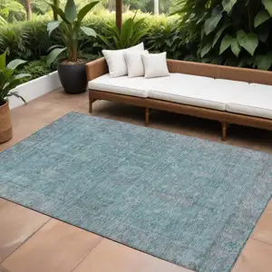Photo of Teal Blue And Gray Oriental Washable Indoor Outdoor Area Rug